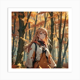 Anime Girl In Autumn Forest Art Print