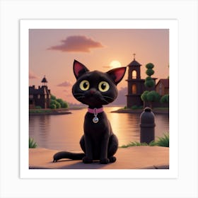 Black Cat With Yellow Eyes in sunset Art Print