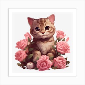 Cat With Roses 1 Art Print