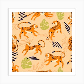 Tiger Pattern On Beige With Tropical Decoration Square Art Print