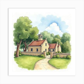 Watercolor Of The Chedworth Roman Villa In Gloucestershire, Featuring Its Ancient Architecture And Picturesque Setting Art Print