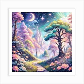 A Fantasy Forest With Twinkling Stars In Pastel Tone Square Composition 201 Art Print