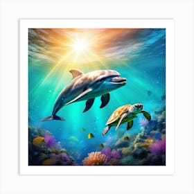 Dolphin And Turtle Art Print