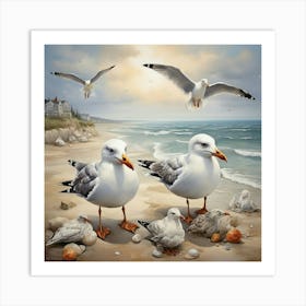 Seagulls On The Beach art print Art Print