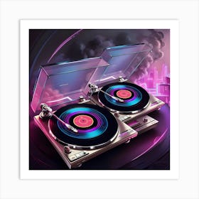 A Highly Detailed, Ultra High Resolution Illustration Of Two Vintage Turntables Spinning Vinyl Records, Blasting Vibrant, Neon Lit 80 S Music, Set Against A Moody, Smoky Background With Subtle Gradient Effects Art Print