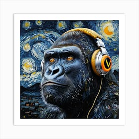 Gorilla Portrait With Headphones Against Van Gogh Art Print