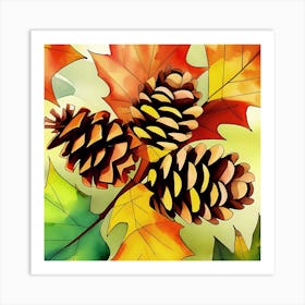 Autumn Leaves And Pine Cones Art Print