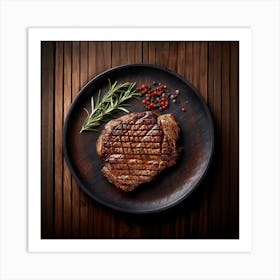 Steak On A Black Plate With Rosemary Art Print