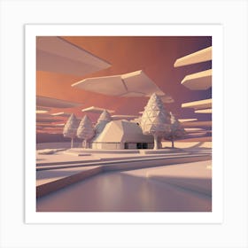 Geometric Building Surrounded By A Few Geometrically Arranged Trees Blend Of Concept And Minimalist Art Print