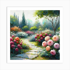 Roses In The Garden, Acrylic Style Painting Art Print