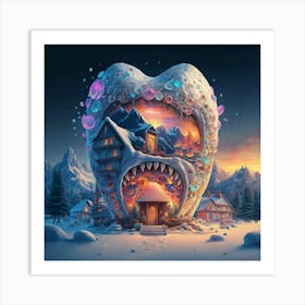 , a house in the shape of giant teeth made of crystal with neon lights and various flowers 14 Art Print