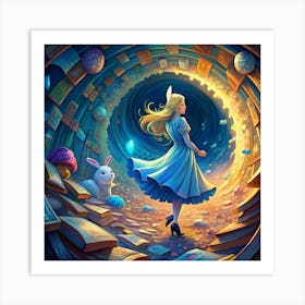 Alice In Wonderland Entering A Book Portal With White Rabbit Art Print