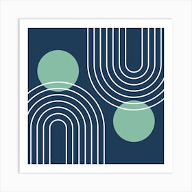 Mid Century Modern Geometric In Navy Blue And Greenery (Rainbow And Sun Abstract) 02 Art Print