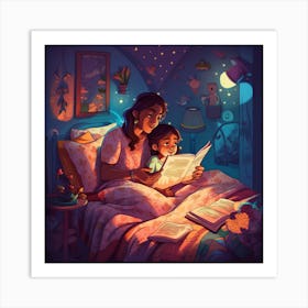 Mother And Daughter Reading In Bed Art Print