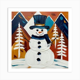 Mountains With A Snowman Art Print