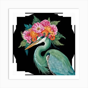 Blue Heron With Flowers Art Print