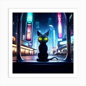 Friendly Alien Yellow Cat Like Eyes Sitting At A Bus Stop Flanked By Futuristic Poles Advertising Art Print