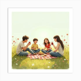 A Group Of Friends Having A Picnic In An English Meadow, Watercolor Style 1 Art Print