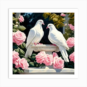 Doves And Roses Art Print