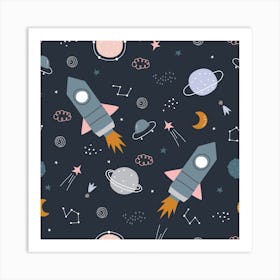 Space Background Illustration With Stars And Rocket Seamless Vector Pattern Art Print