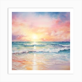 Whimsical Pastel Watercolour Beach Sunset Art Print