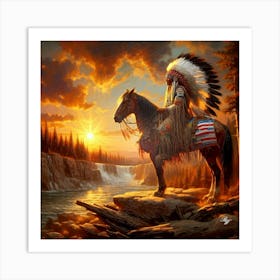 American Indian Sitting On Horse By A Stream Copy Pr Art Print