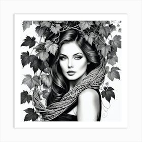 Black And White Portrait Of A Woman With Vines Art Print