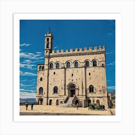 Palazzo dei Consoli (Palace of the Consuls) in Gubbio. A beautifully preserved medieval-style building with intricate stonework and arched windows under a vibrant blue sky. Its towering presence, complete with a clock tower, dominates a sunlit square where visitors stroll and admire the architecture. The scene captures the charm and history of a European town center. 3 Art Print