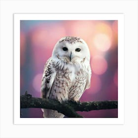 Firefly Owl, Soft, Peaceful, Smile, White, Wings, Down, Black, Big Eyes, Perched, Twig, Bokeh, Pink, (1) Art Print