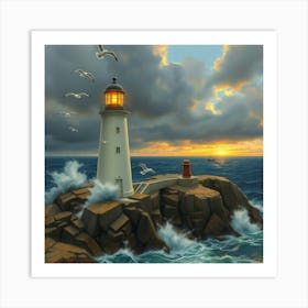 Flux Schnell Majestic Lighthouse On Rocky Cliff Crashing Waves 1 Art Print