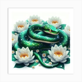 Snake On Water Lily Art Print