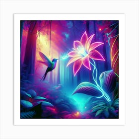 A Hummingbird In A Neon Flower With An Ethereal Light -Magical Forest Art Print