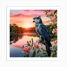 Sunset Tropical Cockatoo Sitting In The Olive Grren Tree Art Print