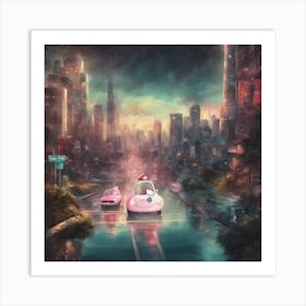 Hello Kitty Pink Car On The Road Art Print