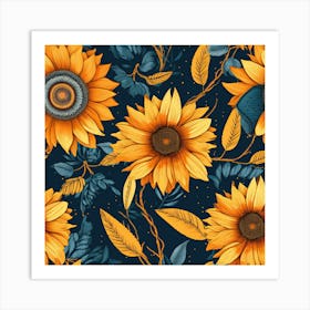 Sunflowers On Blue Background 1 Art Print