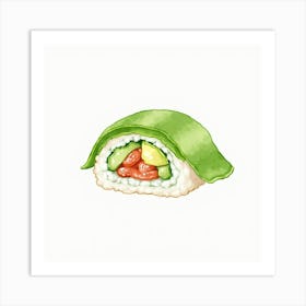 A Delicate Watercolor Portrait Of A Fresh Sushi Roll With Avocado And Cucumber Art Print