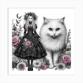 Gothic Girl With Cat 1 Art Print