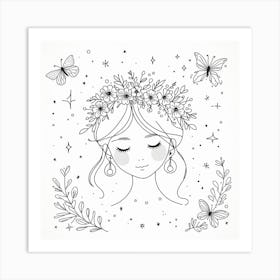 A Delicate and Minimalistic Line Art Drawing of a Girl with Pearl Earrings and a Flower Crown, with Butterflies and Stars as Accents Art Print