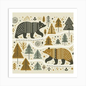 Scandinavian style, Bear trail with forest Art Print