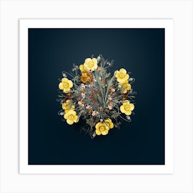 Vintage Ixia Miniata Flower Wreath on Teal Blue Art Print