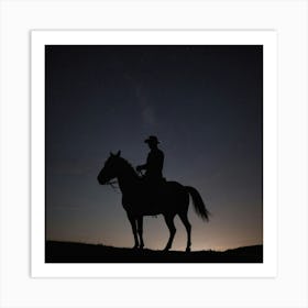 Silhouette Of Cowboy On Horseback At Night Art Print