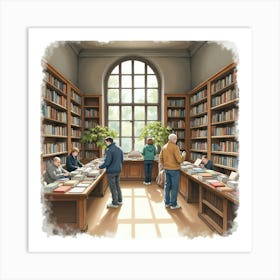 A Watercolor Of An English Bookstore With People Browsing And Enjoying The Peaceful Atmosphere 1 Art Print