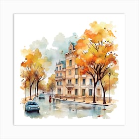 Autumn Street Watercolor Painting Art Print