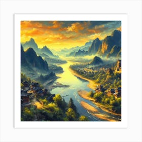 River Mountains Town Village Art Print