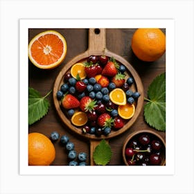 Top Down Shot of strawberries, blueberries, cherries, and oranges arranged symmetrically on a wooden platter. Sitting on a wooden table with leaves and cooking utensils on it 3 Art Print