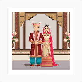 Asian Newly Wed Couple In Traditional Attire Pixel Art Print