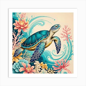 The Sea Turtle, Turquoise, Blue, Yellow and Pink Art Print