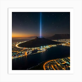 Colorful Spaceship Wit Flashy Lights At Night Over Cape Town Art Print