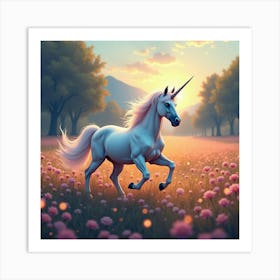 A Graceful Unicorn Prancing Through A Field Of Wild, Glowing Flowers 1 Art Print