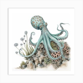Storybook Style Octopus With Plants 1 Art Print